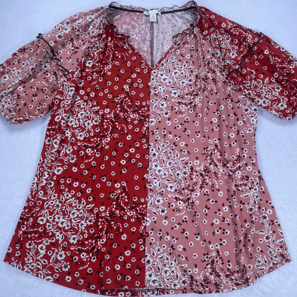 Cato Floral Colorblock V-Neck Blouse Red Pink XL Short Puff Sleeve